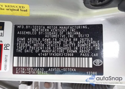2013 Toyota Camry L from USA, damaged, VIN 4T4BF1FK9DR312968